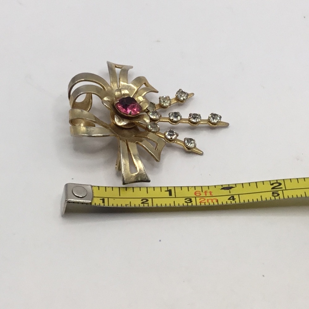 Vintage Pink Rhinestone Bow Ribbon Brooch/Pendant Earrings Set - Picture 6 of 10